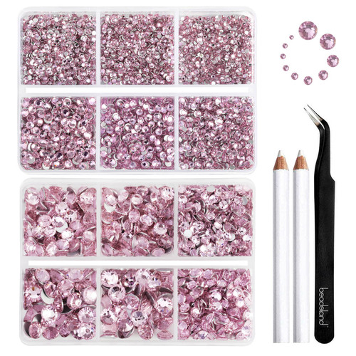 Beadsland 8300PCS Flatback Rhinestones, Pink Rhinestone Round Crystal Rhinestones for Crafts, Mixed 10 Sizes with Wax Pencil and Tweezer Kit, SS3-SS30, Light Rose/Light Pink