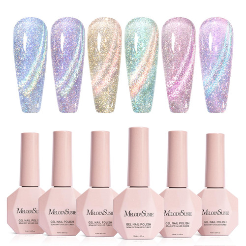 MelodySusie Glitter Cat Eye Gel Nail Polish Set 6 PCS, 15ml 0.5 Fl Oz Holographic Magnetic Nail Polish with Magnet, UV Nail Polish for Nail Art Manicure Salon DIY at Home