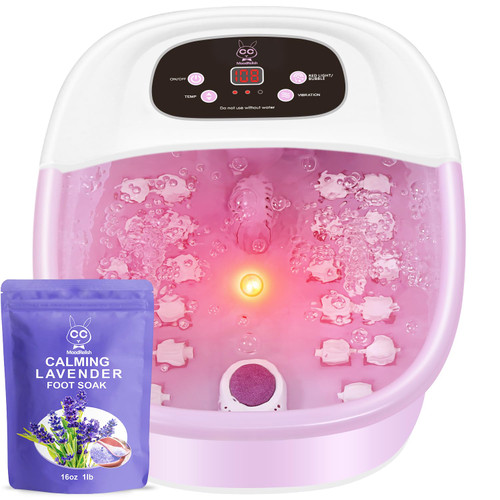 MoodRelish Foot Spa Bath Massager with Heat Bubbles and Vibration Massage and Jets, 16 OZ Calming Lavender Foot Soak Epsom Salt, Foot Soaker with Red Light, 22 Massage Rollers, Adjustable Temp - Pink