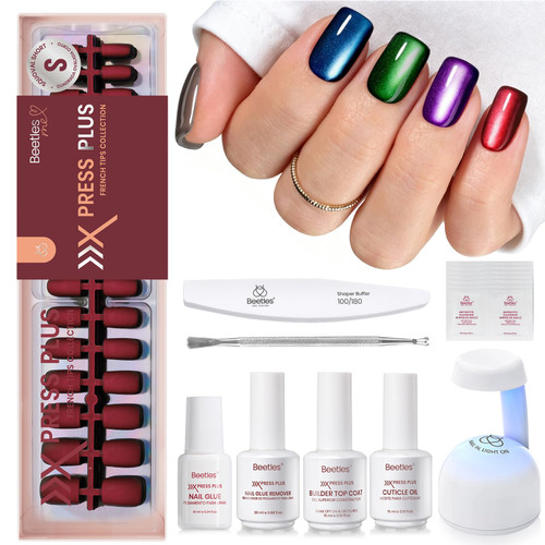 Beetles X Press Cat Eye Nails Kit - Mystic Aurora | 7 Colors Cat Eye Press On Nails Short Square | 224Pcs 16 Sizes All-in-One Kit With Nail Glue,Remover,Builder Top Coat,Nail Lamp Gift