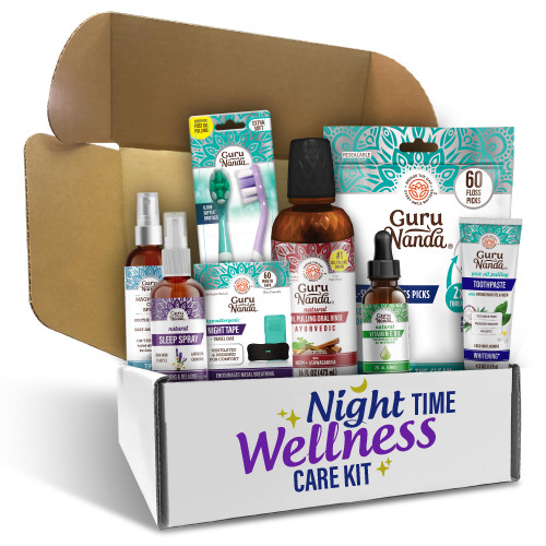 GuruNanda Nighttime Wellness Care Kit – Ashwagandha Oil Pulling, Hydroxyapatite Toothpaste, Magnesium Spray, Toothbrush, Floss Picks, Vitamin E Oil, & Sleep Spray