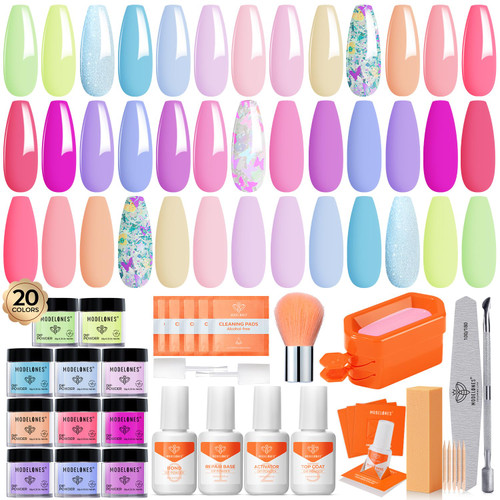 Modelones Dip Powder Nail Kit, 20 Colors Summer Pink Purple Blue Macaron Pastel Dipping Powder Liquid Set Base&Top Activator for French Nail Art Salon DIY Manicure Starter Kit
