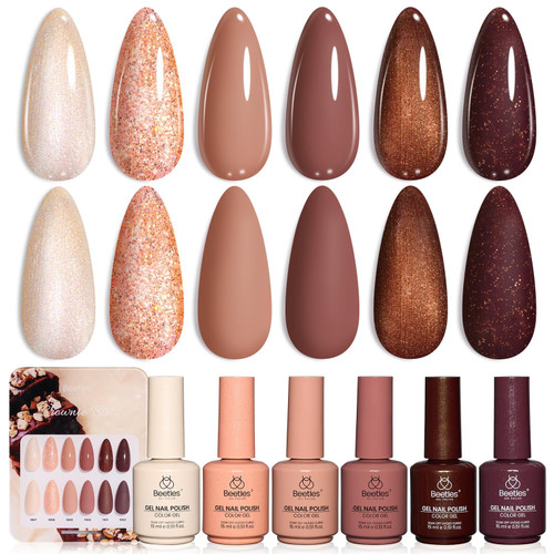 Beetles Brown Gel Polish Set - Brownie Bliss 6 Colors Nude Beige Taupe Cocoa & Rose Gold Pearl Shimmer Gel Nail Polish, Soak Off UV Led Lamp Needed Manicure DIY Salon Home Gifts for Women