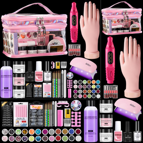 Nail Kit for Beginners with Everything: Professional Nail Acrylic Powder Liquid Set with Practice Hand Drill U V Light in Cosmetic Bag for Women Salon Home (Pink)