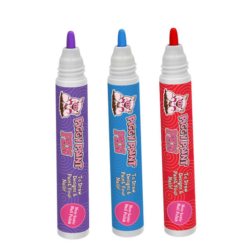 Piggy Paint | 100% Non-Toxic Girls Nail Polish Pen Marker | Safe, Cruelty-free, Vegan, & Low Odor for Kids |3-pack Princess Pop Piggy Pen Bundle - PURPLE Power, Blazin' BLUE, Razzle RED