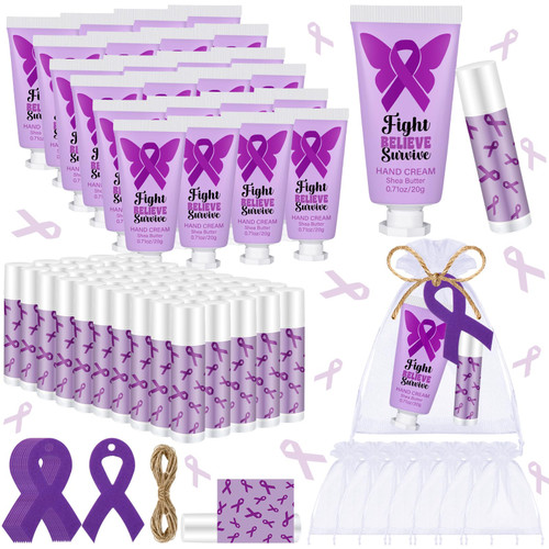 Heigble 50 Set Purple Ribbon Awareness Gifts Bulk Woman Purple Ribbon 50 Lip Balm 50 Hand Cream 50 Bag 50 Tag for Domestic Violence Awareness Lupus Epilepsy Pancreatic Cancer Party