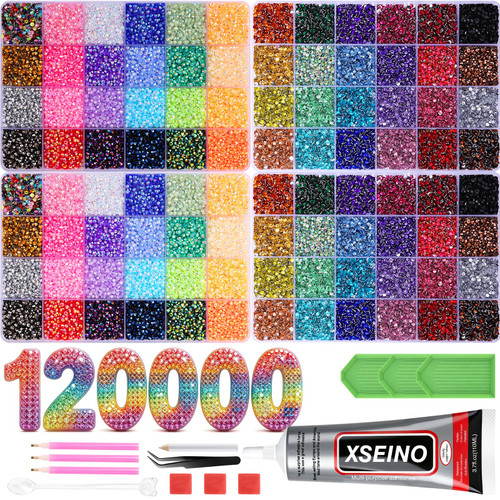 XSEINO 120000Pcs Resin Jelly Rhinestones for Bedazzling, 48 Colors 3mm Flatback Gems with 110ml Jewelry Glue & Tools, for Bedazzle Decorations, Diamond Art, Nail Art, Shoes Craft Decor