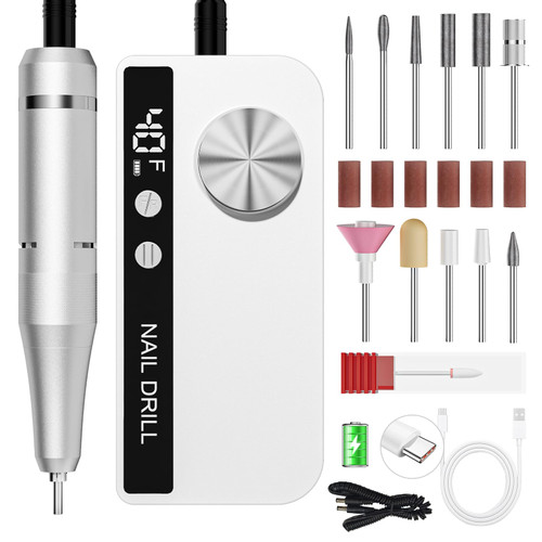 Professional Electric Nail Drill 40000RPM for Salon Home Use, Rechargeable Nail File Machine Kit with 12PCS Bits for Acrylic Gel Nails, Portable Efile Manicure Pedicure Tool (White)