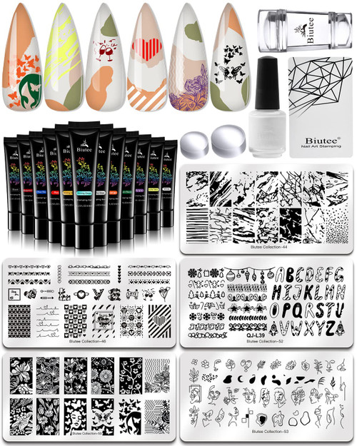 SEISSO 12 Colors Nail Stamping Polish Gels+5Pcs Stamp Print Templates+1 Peel Off Nail Tape Stamp Latex+1 Stamper with Scraper, Stamping Nail Polish Art Set Manicure Gift Collection