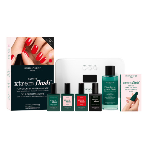 Manucurist - New Green Flash Slim Gel Nail Polish Kit - 36W LED Lamp with Base Coat+Top Coat Xtrem Flash+ 2 Colors: Poppy Red Polish & Pale Pink Hortencia + Remover + Nail Clips