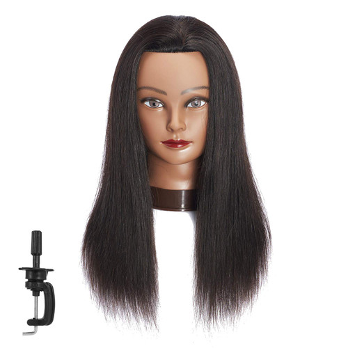 Traininghead 20-22" Female 100% Human Hair Mannequin Head Hair Styling Training Head Cosmetology Manikin Head Doll Head for Hairdresser with Free Clamp (Black)