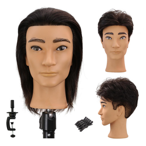 Sirydtm 12" Male Mannequin Head with 100% Real Human Hair for Barber Exam & Styling Practice Training, Professional Haircut Manikin Doll Head with Free Clamp Stand, Deep Black