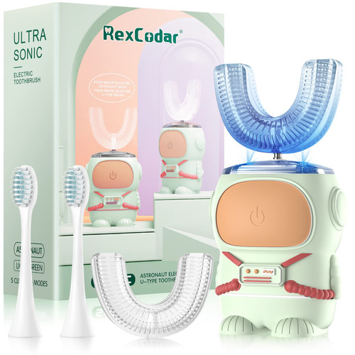 RexCodar Ultrasonic Kid's U-Shaped Electric Toothbrush, IPX7 Waterproof, Five Cleaning Modes, Cartoon Astronaut, 60S Smart Reminder (2-6 Age (Green))