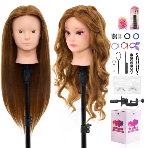 Mannequin Head Human Hair - 28 Inch Cosmetology Makeup Manikin Doll Head with 80% Real Hair, Hairdressing Practice Braiding Training Head for Hair Styling with Table Clamp #27