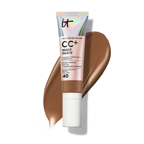 IT Cosmetics CC+ Nude Glow (Neutral Deep) - Medium Coverage Foundation with SPF 40 & Brightening Glow Serum, Lightweight Skin Tint, 2% Niacinamide + Hyaluronic Acid, Up to 24H Hydration - 1.08 fl oz