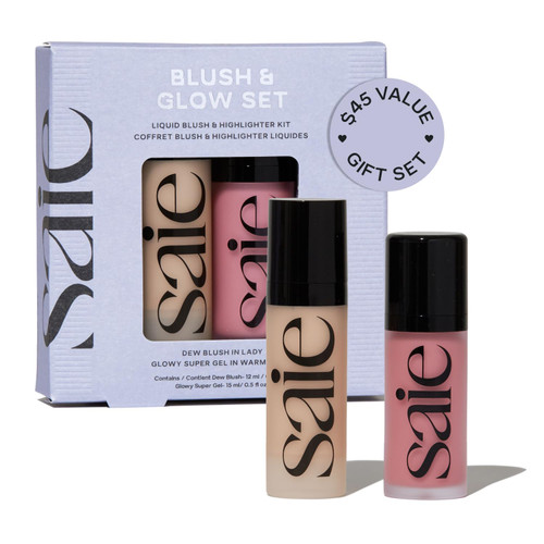 Saie Blush & Glow Gift Set - Dew Blush in Lady & Glowy Super Gel Liquid Highlighter & Makeup Primer in Warmglow - Skincare Infused Everyday Makeup Kit for a Flushed, Dewy Glow - Vegan (2 Count)