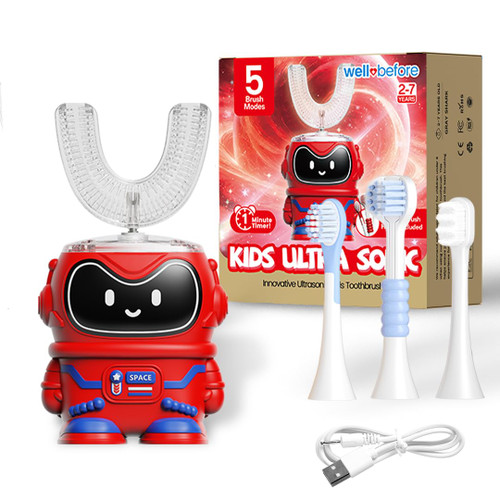 Well Before Kids U Shaped Electric Toothbrush with 5 Brush Heads, Ultrasonic, 5 Modes, IPX7 Waterproof Design (Spaceman, Red, Ages 2-7)