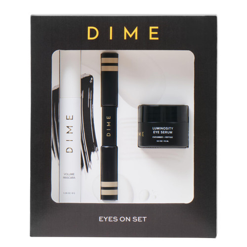 DIME Beauty Eyes On Set - Luminosity Eye Serum for Dark Circles & Puffiness, Volume Boost Tubing Mascara & Eyebrow Enhancing Gel - Clean, Vegan Eye Care Bundle - 3 Piece Kit