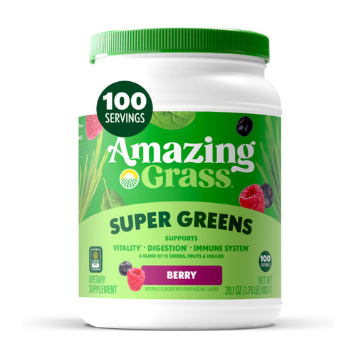 Amazing Grass Super Greens Powder, Organic, Greens Superfood Powder, Smoothie Supplements, Supports Digestion, Probiotics, Spirulina, Beet Root, Berry, 100 Servings, 28.1 Ounce (Packaging May Vary)