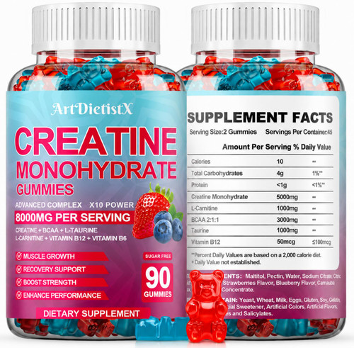 Creatine Monohydrate Gummies with BCAA, L-Carnitine, Taurine & Vitamin B12 - Pre Workout Supplement for Muscle Growth, Strength & Energy, Multi-Flavor Chewable Gummies, 180 Count for Men Women