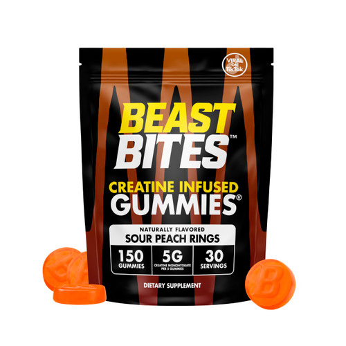 BEAST BITES Creatine Infused Gummies® - 5g Creatine Monohydrate Per Serving - NSF Certified for Sport, Clean Label Project Certified (150 Gummies, Sour Peach Rings)