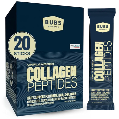BUBS Naturals Unflavored Collagen Peptides Powder - Best Proteins for Joints & Skin - Pasture Raised Grass Fed - Paleo & Keto Friendly, Whole30 Approved, Non-GMO, Dairy & Gluten Free (20 Stick Packs)