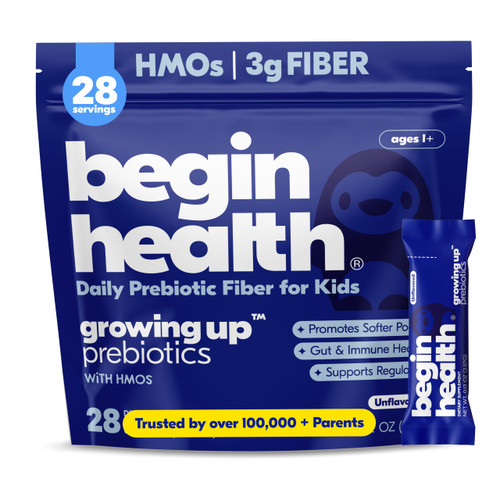 Begin Health Growing Up® Prebiotics for Kids 28-Packs | Prebiotic Soluble Powder Stool Softeners & Digestive Gut Health Supplement | Ideal to Mix with Kids Daily Beverages and Soft Foods - Unflavored