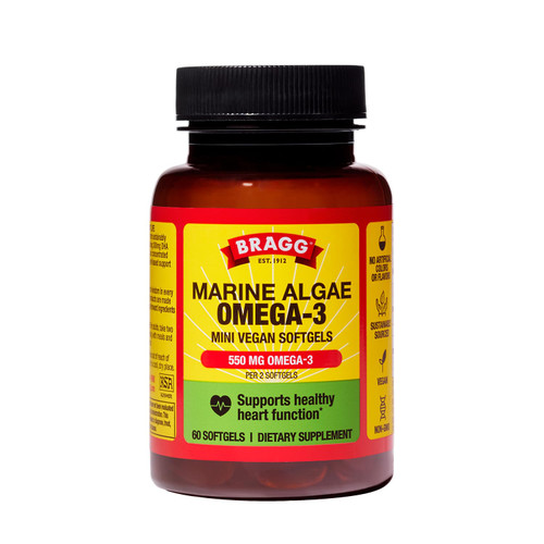 Bragg Omega-3 Supplement Capsules with DHA and EPA - 60 Vegan Softgels - Sustainably-Sourced Marine Algae - Supports Eye and Brain Health