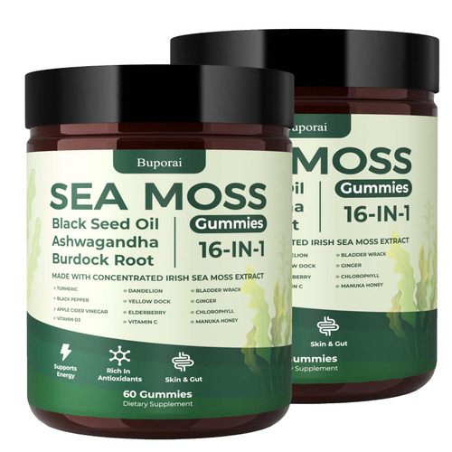 Buporai Sea Moss Gummies 16-1, Black Seed Oil Ashwagandha Turmeric Bladder Wrack Vitamin C Vitamin D3 Elderberry Manuka Dandelion Yellow Dock Apple Cider Vinegar for Men & Women