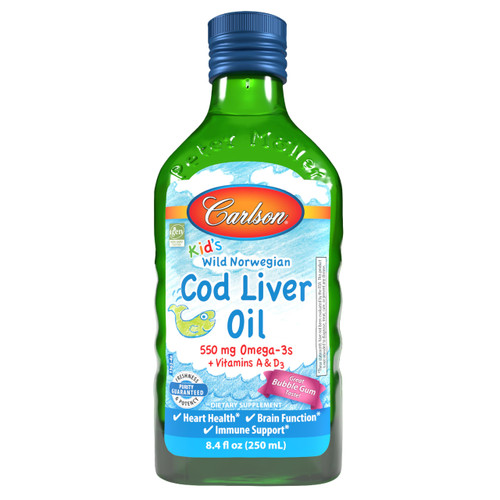 Carlson - Kid's Cod Liver Oil, 550 mg Omega-3s, Vitamins A & D3, Wild Norwegian, Bubble Gum, 250 mL
