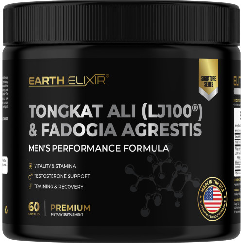 Earth Elixir LJ100 Tongkat Ali & Fadogia Agrestis for Men – Natural Testosterone Supplement - Made in USA & 3rd Party Tested for Strength, Energy & Vitality - Clinically Studied Tongkat Ali LJ100