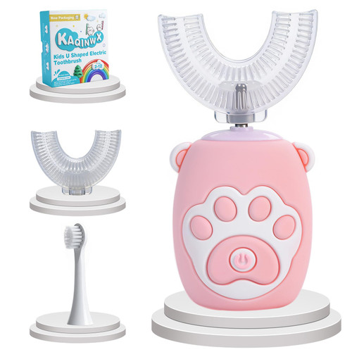 KAQINWX Kids U Shaped Electric Toothbrush for Age 2-12, Rechargeable Toddler Toothbrush with Smart Timer & 3 Clean Modes, Cat's Claw Design, IPX7 Waterproof, 3 Brush Heads & 360°Cleaning