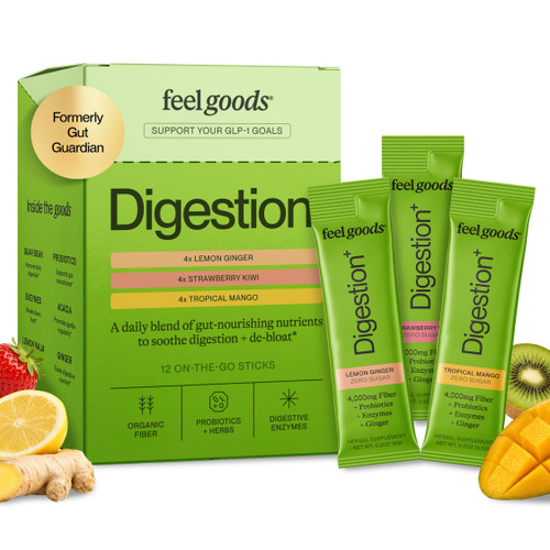 Feel Goods Digestion+, Gut Health, Organic Fiber & Probiotic Drink Mix, Digestive Enzymes for Bloating Relief, Gut Cleanse - Gut Guardian Fiber with Prebiotics - Zero Sugar, 12 Variety Pack