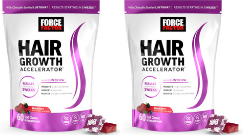Force Factor Hair Growth Accelerator Soft Chews, Vitamins for Women and Men with Clinically Studied Lustriva and Biotin, Promotes Thicker, Fuller, Stronger Hair, Mixed Berry, 60 Soft Chews (Pack of 2)