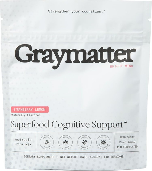 Graymatter Bright Mind Nootropic Powder (40 Servings: Strawberry Lemon) – Plant-Based Energy & Focus Drink Mix, Adaptogens & Vitamins, Sugar-Free Daily Supplement