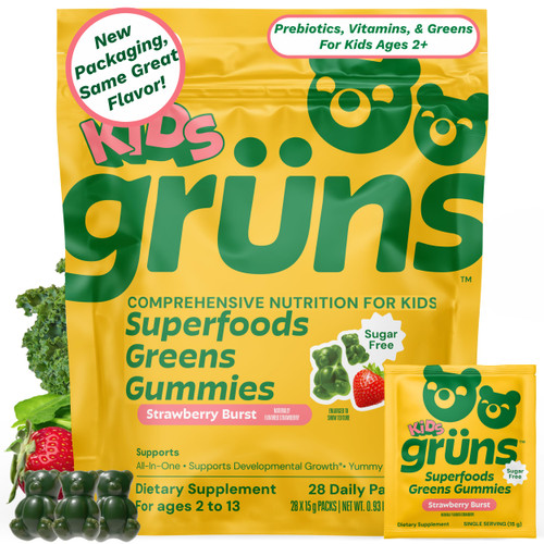 Gruns Multivitamin for Kids, Sugar-Free, Super Greens Superfood Gummy Bears with 20 Vitamins & Minerals, Alfalfa, Spirulina, Chlorella, Prebiotics Fiber for Digestive Health, Adaptogens, 28 ct