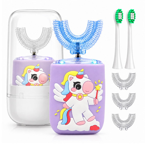 Geacker Kids Electric Toothbrush, U Shaped Toothbrush Kids Sonic Automatic Brush with Cup 5 Brush Head 6 Sonic Clean Modes IPX7 Waterproof Unicorn Design Rechargeable Smart Timer for Children 2-7