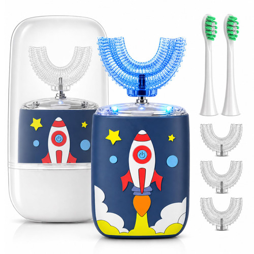 Kids U Shaped Electric Toothbrush Ultrasonic Automatic Brush with 5 Brush Head Rinse Cup 6 Clean Modes IPX7 Waterproof Whole Mouth Rechargeable Smart Timer Toothbrushes for Children Age 8-13 Rocket