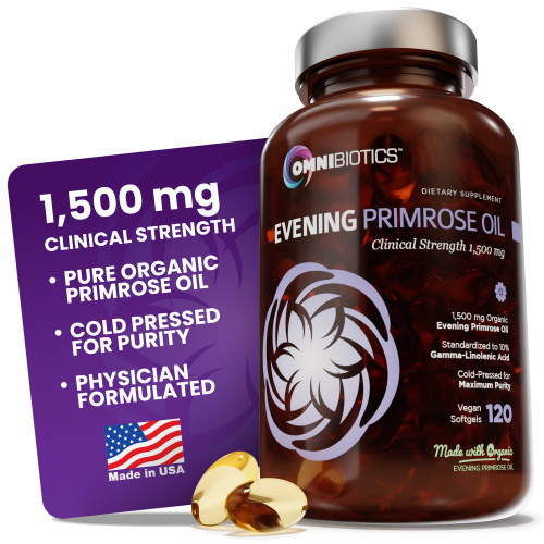 OmniBiotics Organic Evening Primrose Oil for Women – Clinical Strength 1500mg per Capsule, 10% GLA, Cold-Pressed, Non-GMO, Hormone Balance for Women – 120 Vegan Softgel Capsules