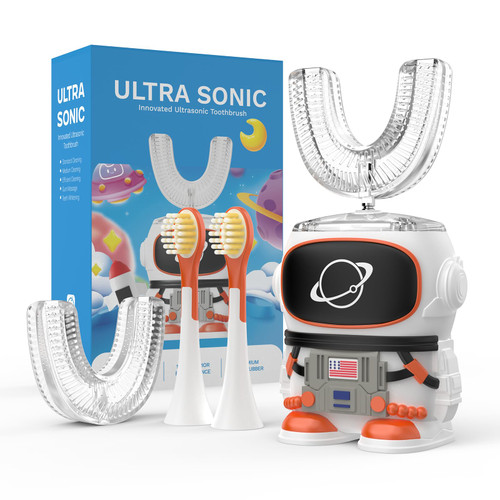 PANDERRY Kids Electric Toothbrush, U Shaped Toothbrush with 4 Brush Heads, Sonic Toothbrush Kids with 5 Modes & 60s Timer, 360-Degree Cleaning, IP64 Waterproof, Cute Astronaut (Ages 7-14)