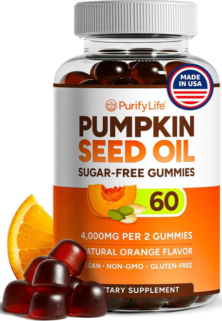 Sugar-Free Pumpkin Seed Oil Gummies (4,000mg/serving) Pumpkin Seed Oil for Hair Growth, Youthful Skin, Prostate Health, Immune & Urinary Tract Support-Natural Source of Essential Fatty Acids, 60ct
