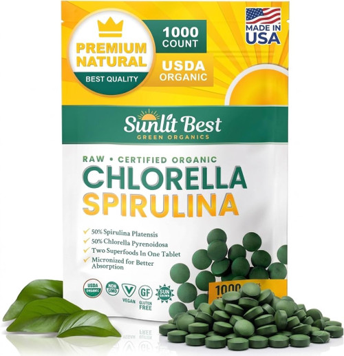 Sunlit Best Chlorella Spirulina Tablets - Organic USDA, Premium Spirulina and Chlorella Tablets 1000 Count - Sun Chlorella Pure Natural Superfood with Algae, Enzymes Chlorophyll & Vegan Protein