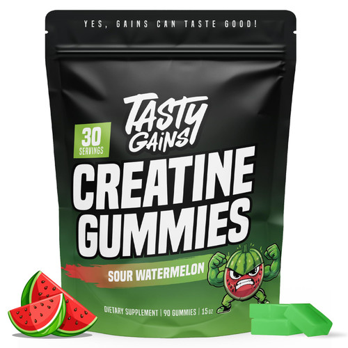 TASTY GAINS Creatine Gummies, 90g of Creatine, Non-GMO, Vegan - Build Muscle & Boost Strength for Men & Women (3g Creatine Monohydrate Per Gummy) Made in USA (90, Sour Watermelon)