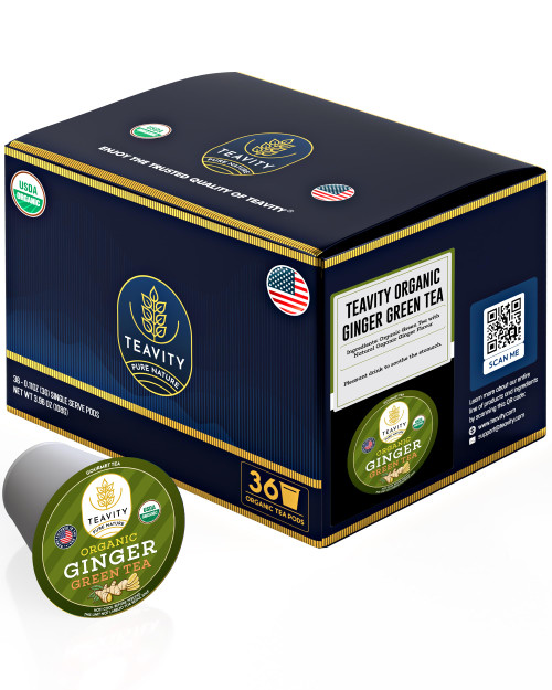 Green Tea & Ginger Tea Pods for Keurig - Caffeinated, Organic, Dye Free, Unsweetened, Herbal Blend for K Cup Machines - Hot or Iced (36 Tea Pods)