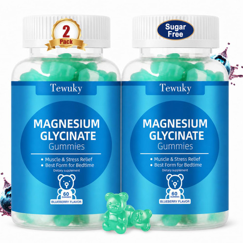 Magnesium Glycinate Gummies 2 Bottles, Sugar-Free for Adults & Kids, Best Magnesium Gummies for Sleep, Stress & Muscle Relief, Supports Bone & Nerve Health, Vegan, Pectin-Based, Blueberry Flavor