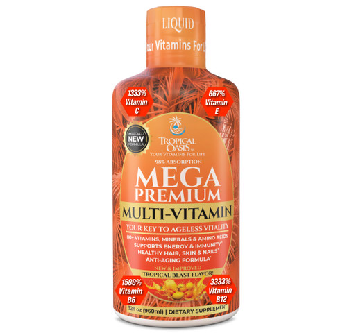 Mega Premium Liquid Multivitamin | Natural Immune Support Vitamin w/ 1333% Vitamin C, 200% D3, Zinc + 20 Vitamins, 70 Minerals, & 21 Amino Acids | Sugar Free | Orange Flavor | 98% Absorption | 32 Serv
