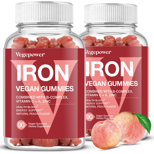 VEGEPOWER Vegan Iron Gummies Supplement - Multivitamin Supplement with Vitamin C, A, B & Zinc - Health Blood & Energy Support for Iron Deficiency, Anemia, No After Taste - Peach Flavor（2 Packs）