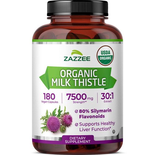 Zazzee USDA Organic Milk Thistle 30:1 Extract, 80% Silymarin, 180 Vegan Capsules, 6 Month Supply, Certified Kosher, High Potency Liver & Antioxidant Support, Silybum Marianum, Non-GMO, Made in the USA