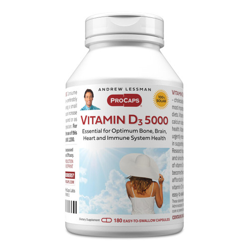 ANDREW LESSMAN Vitamin D3 5000 IU 180 Capsules - High Potency, Essential for Calcium Absorption, Supports Bone Health, Brain Health, Immune System, More. Small Easy to Swallow Capsules