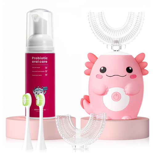 PVOGRT Kids Electric U Shaped Toothbrush,Kids Axolotl Sonic Full Mouth Toothbrush with 4 Soft Brush Head Automatic 6 Cleaning Modes IPX7 Waterproof 360 Degree Cleaning - Age2-15 Pink